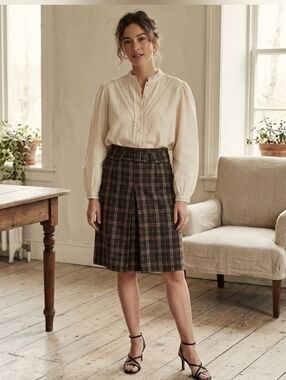 Mario Serrani Wool Blend Brown Plaid A-Line Skirt with Belt